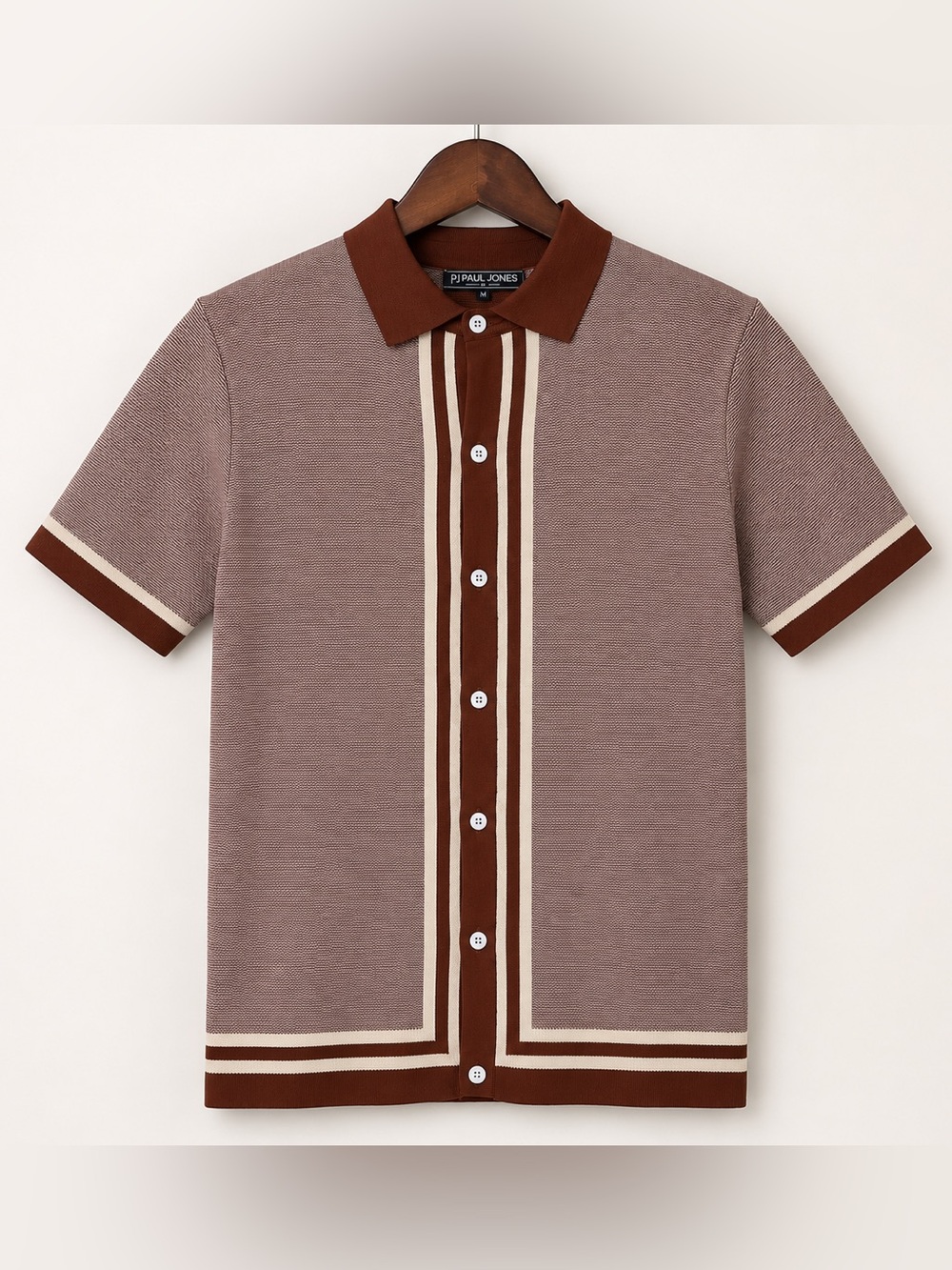 PJ Paul Jones Retro Knit Polo Shirt Brown Cream Striped Button Front S